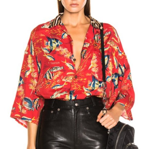 R13 Tops - R13 HAWIIAN FISH OVERSIZED SHIRT LEOPARD COLLAR SIZE S